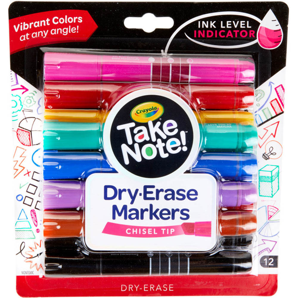 CRAYOLA TAKE NOTE! WHITEBOARD MARKERS CHISEL ASSORTED PACK 12 |  | 7094851