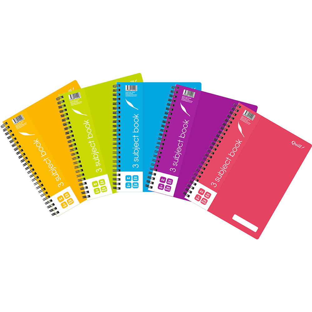Image for QUILL 3-SUBJECT NOTEBOOK PP 70GSM 300 PAGE A4 ASSORTED from Office National