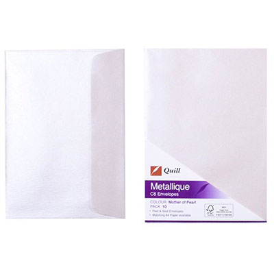 Image for QUILL C6 METALLIQUE ENVELOPES PLAINFACE STRIP SEAL 80GSM 114 X 162MM MOTHER OF PEARL PACK 10 from Complete Stationery Office National (Devonport & Burnie)