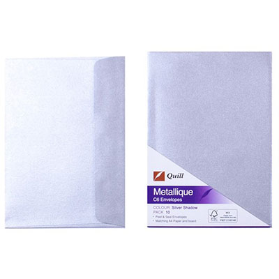 Image for QUILL C6 METALLIQUE ENVELOPES PLAINFACE STRIP SEAL 80GSM 114 X 162MM SILVER SHADOW PACK 10 from Office National