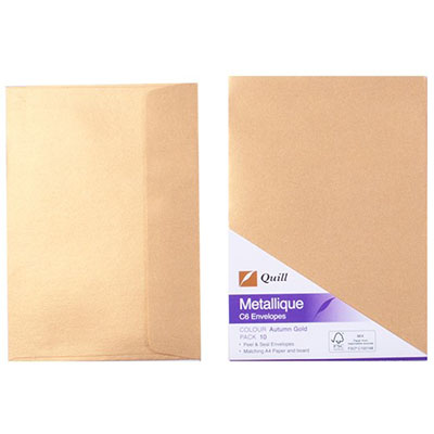 Image for QUILL C6 METALLIQUE ENVELOPES PLAINFACE STRIP SEAL 80GSM 114 X 162MM AUTUMN GOLD PACK 10 from Aztec Office National
