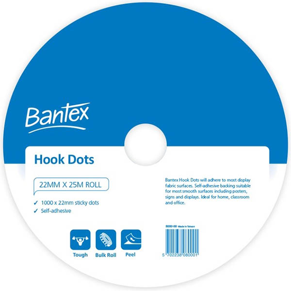 Image for BANTEX HOOK DOTS 22MM X 25M WHITE ROLL 1000 from Connelly's Office National