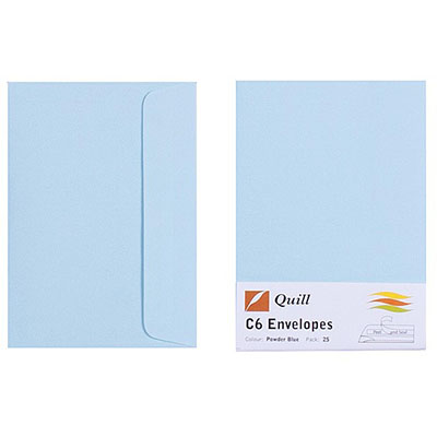 Image for QUILL C6 COLOURED ENVELOPES PLAINFACE STRIP SEAL 80GSM 114 X 162MM POWDER BLUE PACK 25 from OFFICE NATIONAL CANNING VALE