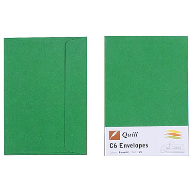 Image for QUILL C6 COLOURED ENVELOPES PLAINFACE STRIP SEAL 80GSM 114 X 162MM EMERALD PACK 25 from Office National Limestone Coast