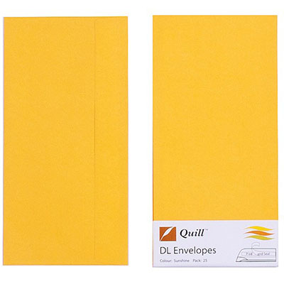 Image for QUILL DL COLOURED ENVELOPES PLAINFACE STRIP SEAL 80GSM 110 X 220MM SUNSHINE PACK 25 from Pirie Office National