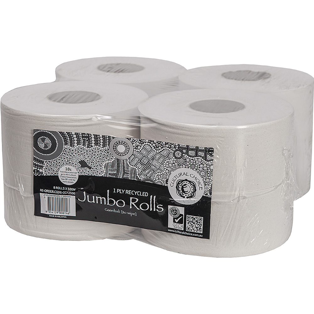 Image for CULTURAL CHOICE RECYCLED JUMBO TOILET ROLL 1-PLY 500M WHITE CARTON 8 from Office National