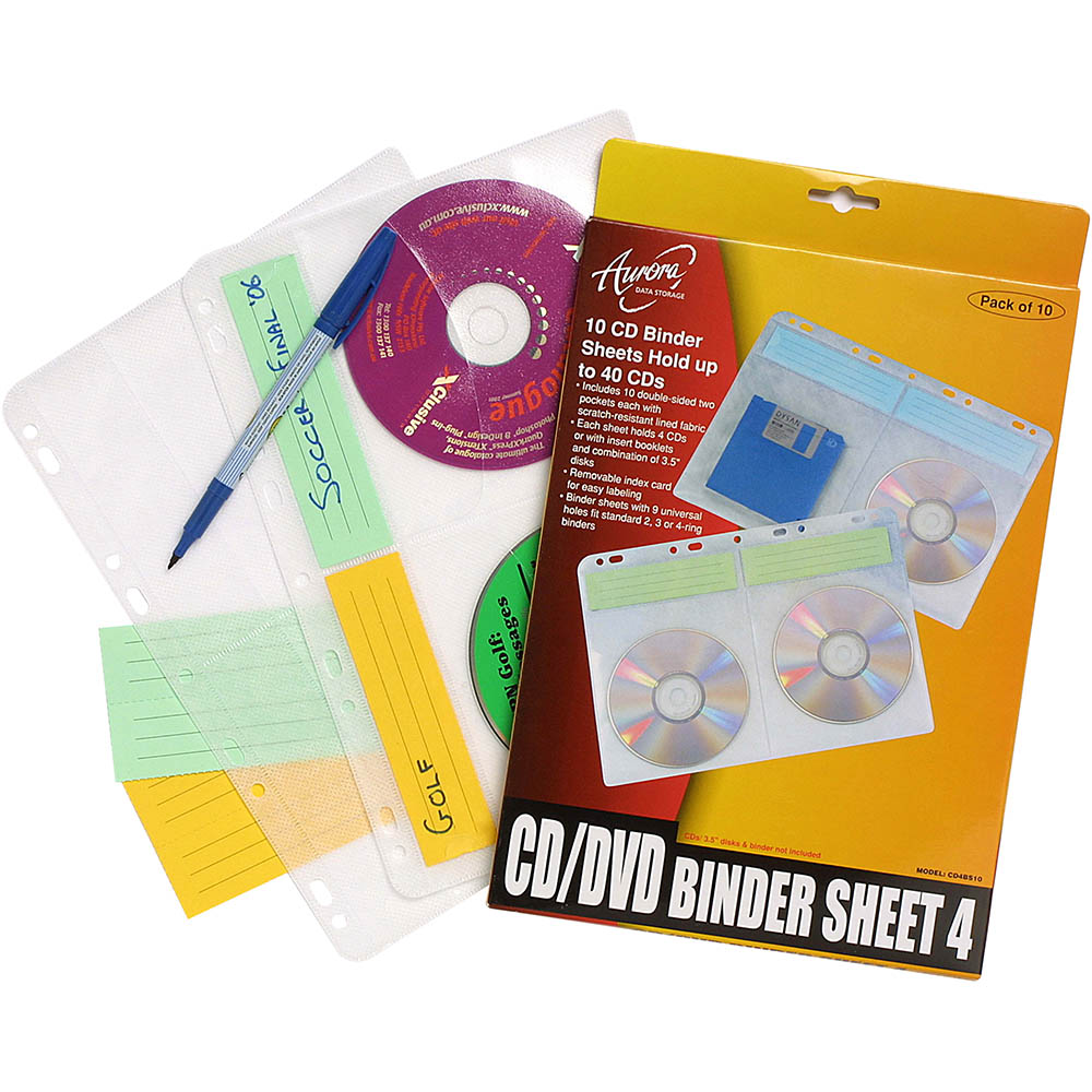 Image for AURORA CD/DVD BINDER SHEET HOLDS 4 DISCS PACK 10 from Two Bays Office National