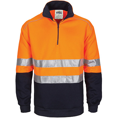 dnc hivis 42767 zip fleecy jumper with hoop pattern csr reflective tape 2-tone fluoro orange/navy medium