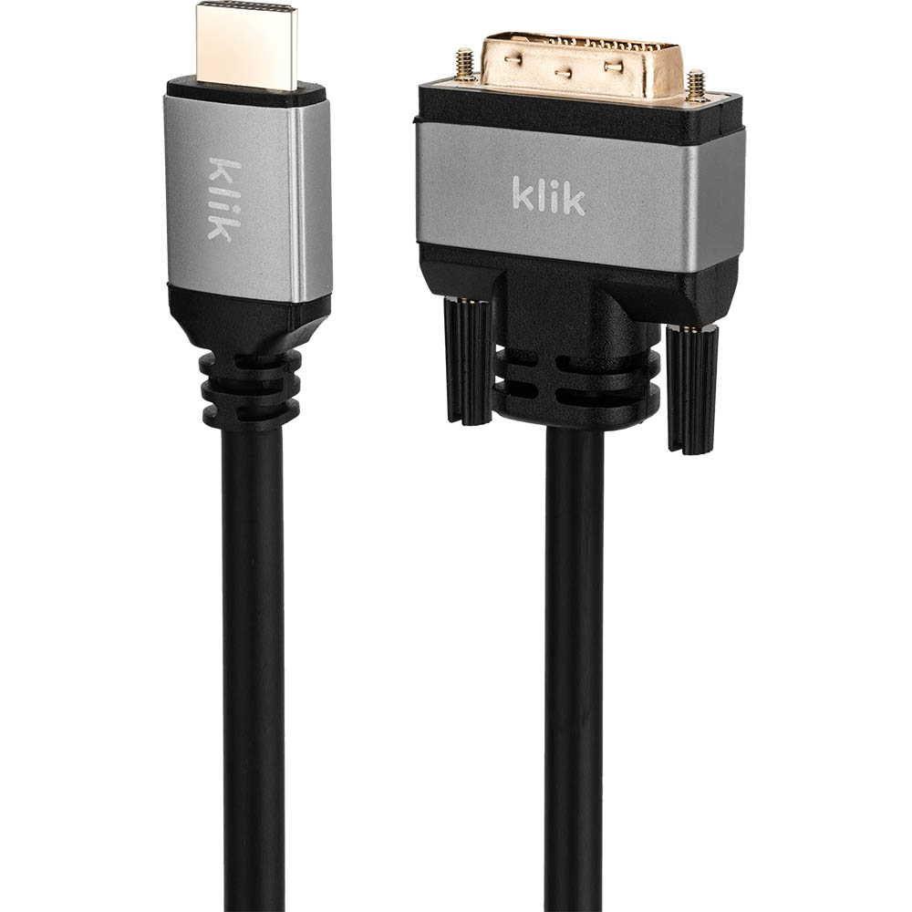 Image for KLIK HDMI CABLE MALE TO DVI MALE 2M BLACK/SILVER from Darwin Business Machines Office National