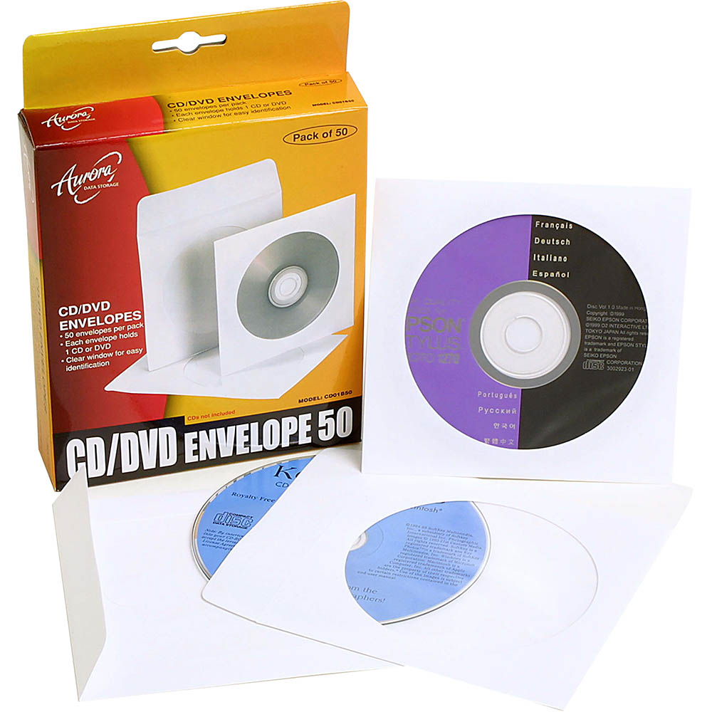 Image for AURORA CD/DVD ENVELOPES 127 X 127MM WHITE PACK 50 from Two Bays Office National