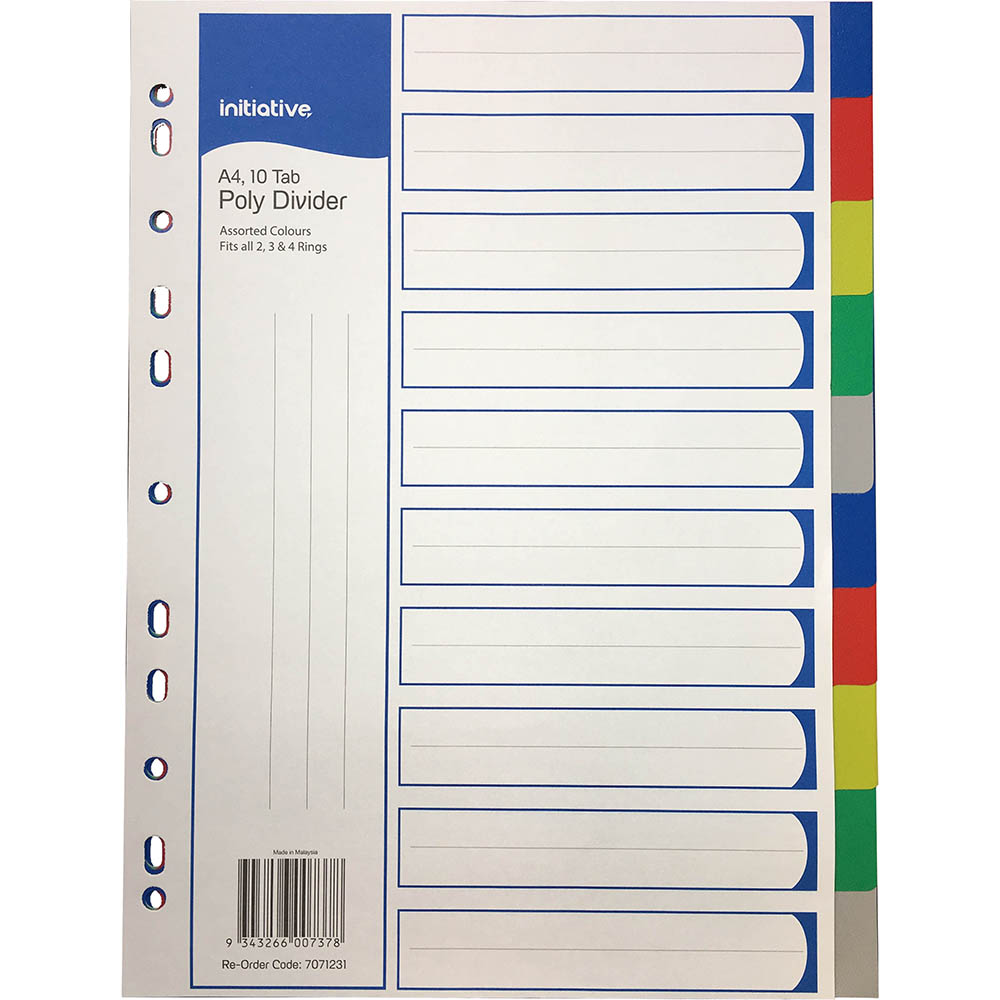 Image for INITIATIVE DIVIDERS PP 10 TAB A4 ASSORTED COLOURS from Emerald Office Supplies Office National