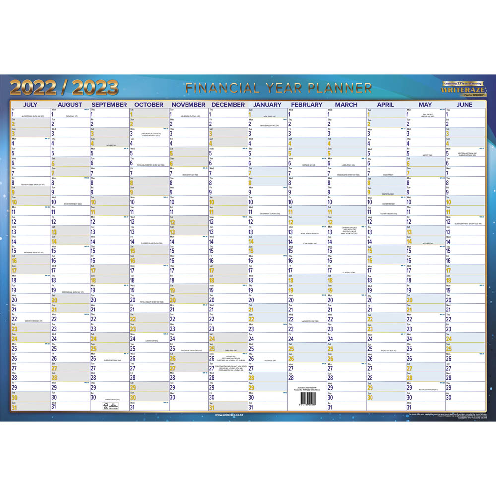 Image for COLLINS WRITERAZE 11777 QC2 FINANCIAL YEAR PLANNER 500 X 700MM WHITE from Office National Sydney Stationery