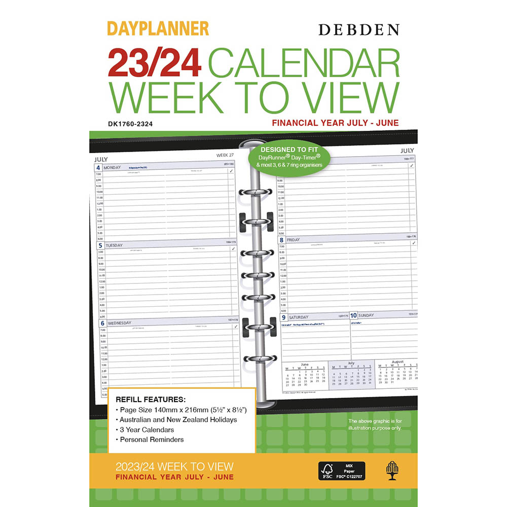 Image for DEBDEN DAYPLANNER DK1760 DESK EDITION FINANCIAL YEAR DIARY REFILL WEEK TO VIEW 216 X 140MM WHITE from Office National Perth CBD