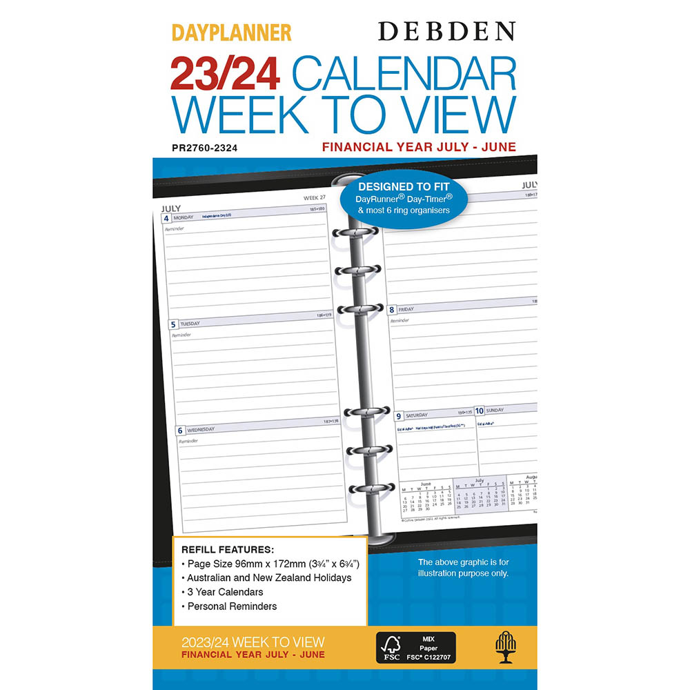 Image for DEBDEN DAYPLANNER PR2760 FINANCIAL YEAR DIARY REFILL WEEK TO VIEW 172 X 96MM WHITE from Office National Barossa