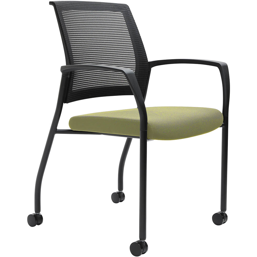 Image for URBIN 4 LEG MESH BACK ARMCHAIR CASTORS BLACK FRAME APPLE SEAT from Office National