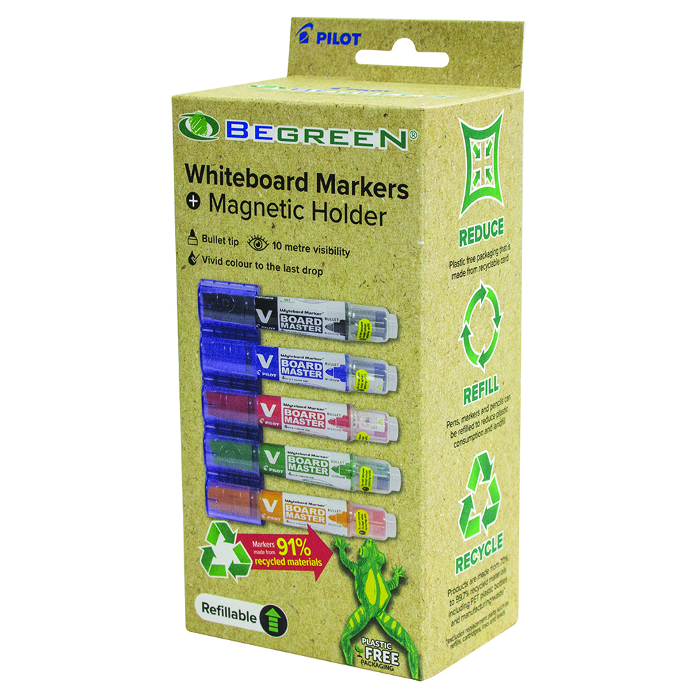 Image for PILOT BEGREEN BOARD MASTER WHITEBOARD MARKERS PLUS MAGNETIC HOLDER BULLET TIP ASSORTED from Office National Barossa