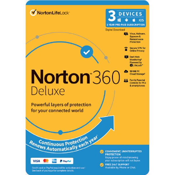 Image for NORTON 360 DELUXE ANTI VIRUS SOFTWARE 1 USER 3 DEVICE 1 YEAR from Pirie Office National