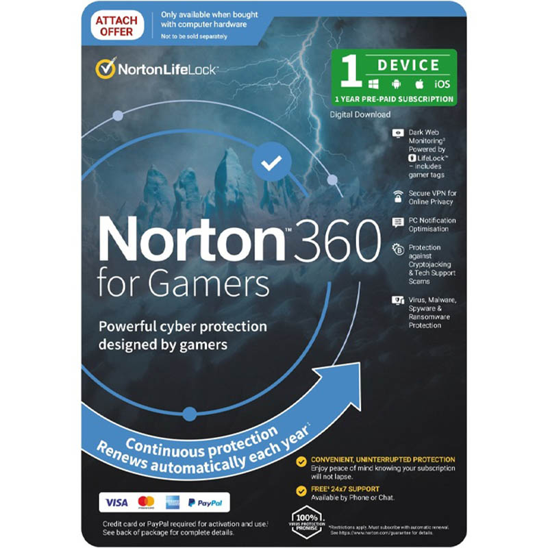 Image for NORTON 360 GAMER ANTI VIRUS SOFTWARE 1 USER 1 DEVICE 1 YEAR from Office National Kalgoorlie