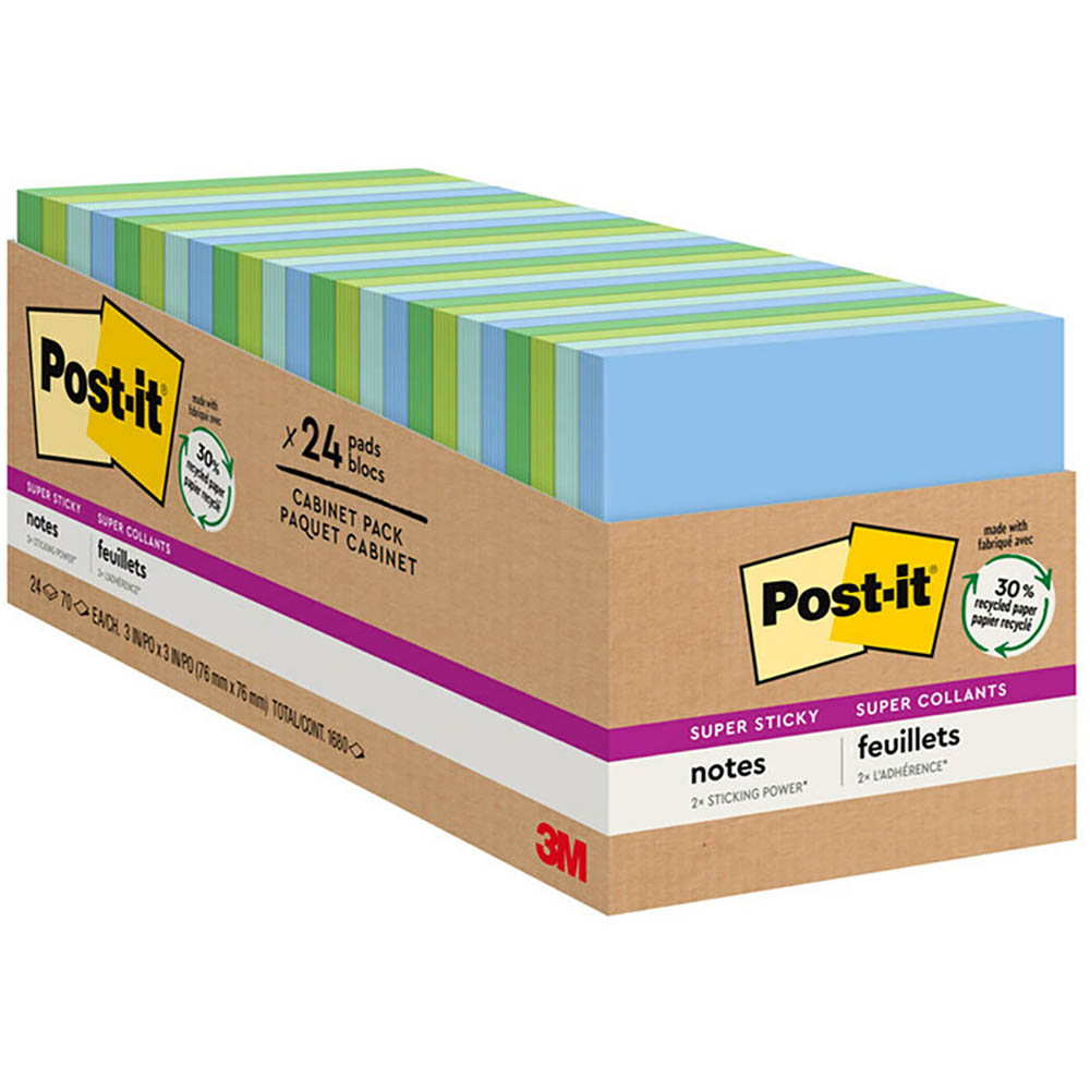 Image for POST-IT 654-24SST-CP SUPER STICKY RECYCLED NOTES 76 X 76MM OASIS CABINET PACK 24 from Office National