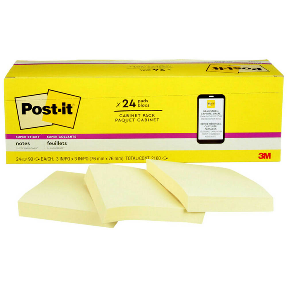 Image for POST-IT 654-24SSCP SUPER STICKY RECYCLED NOTES 76 X 76MM CANARY YELLOW CABINET PACK 24 from Surry Office National