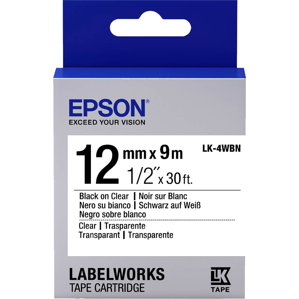 Image for EPSON LABELWORKS LK TAPE 12MM X 9M BLACK ON CLEAR from Angletons Office National