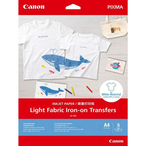 Image for CANON LF-101 IRON-ON TRANSFERS PAPER LIGHT FABRIC A4 PACK 5 from Mackay Business Machines (MBM) Office National
