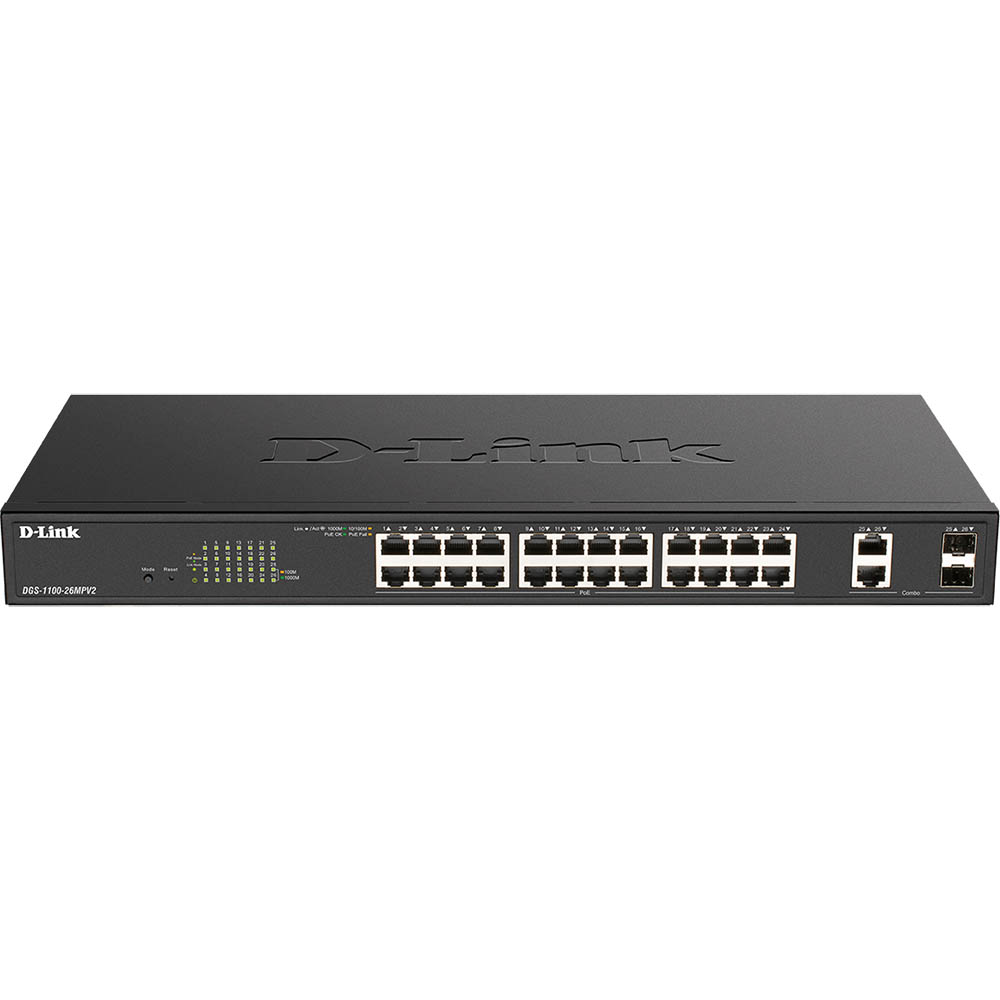 Image for D-LINK DGS-1100-26MPV2 26-PORT GIGABIT SMART MANAGED POE SWITCH WITH 24 POE PORTS AND 2 SFP (COMBO) PORTS (370W POE BUDGET) from PaperChase Office National