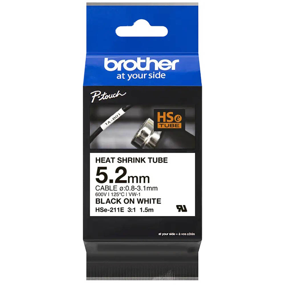 Image for BROTHER HSE-211E HEAT SHRINK TUBE LABELLING TAPE 5.2MM BLACK ON WHITE from Surry Office National
