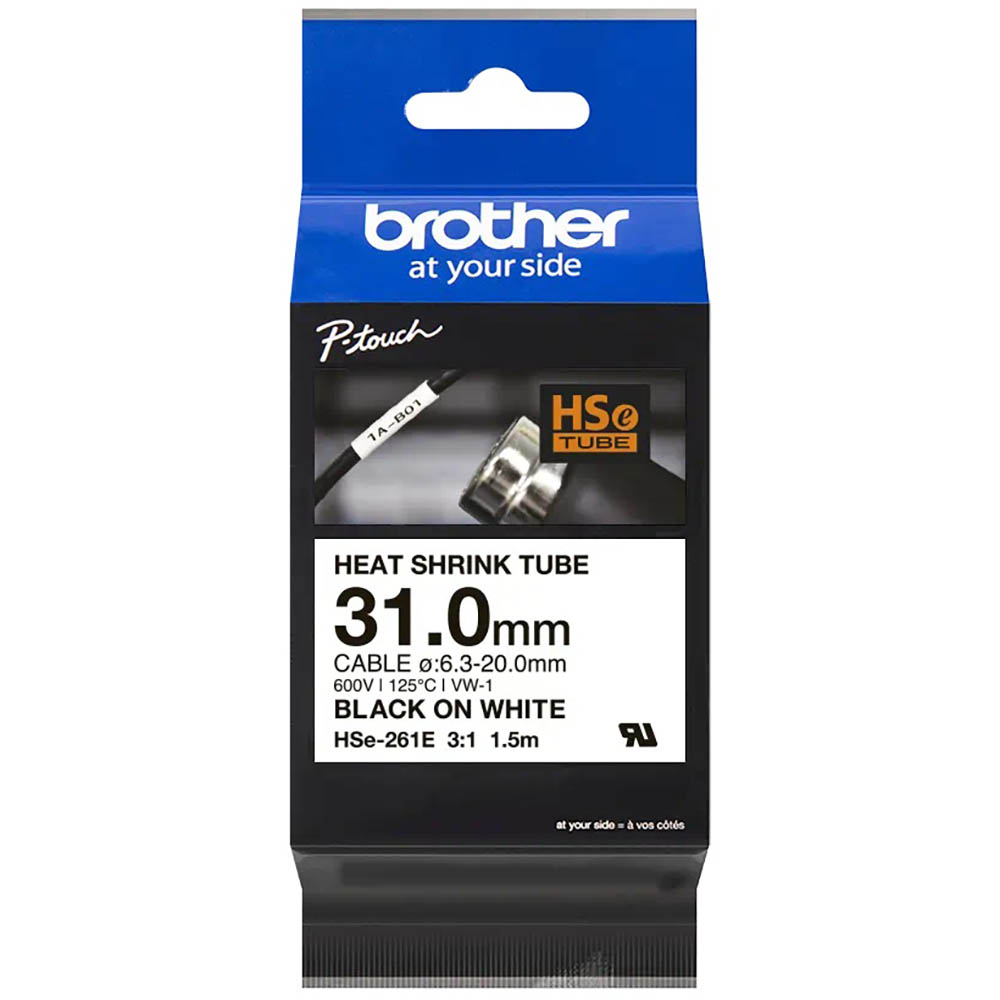 Image for BROTHER HSE-261E HEAT SHRINK TUBE LABELLING TAPE 31MM BLACK ON WHITE from Surry Office National