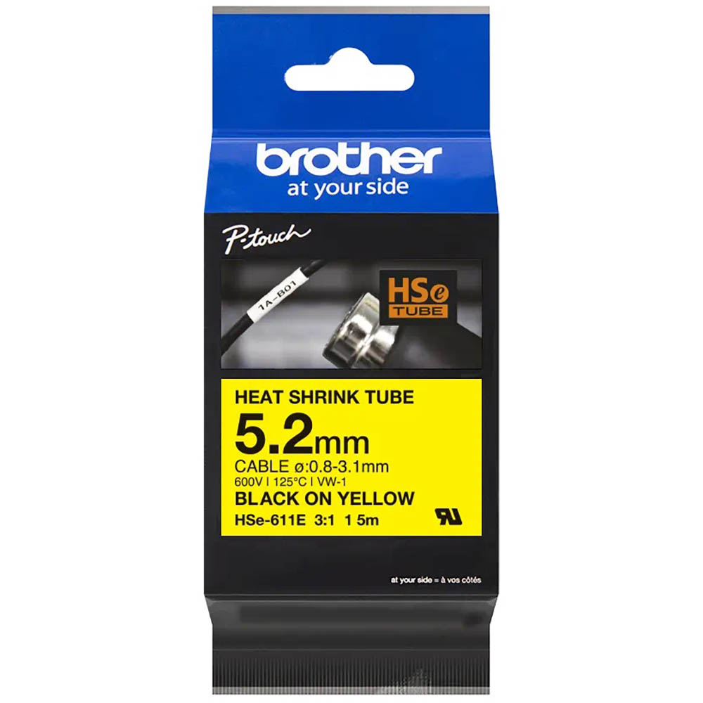 Image for BROTHER HSE-611E HEAT SHRINK TUBE LABELLING TAPE 5.2MM BLACK ON YELLOW from Office National