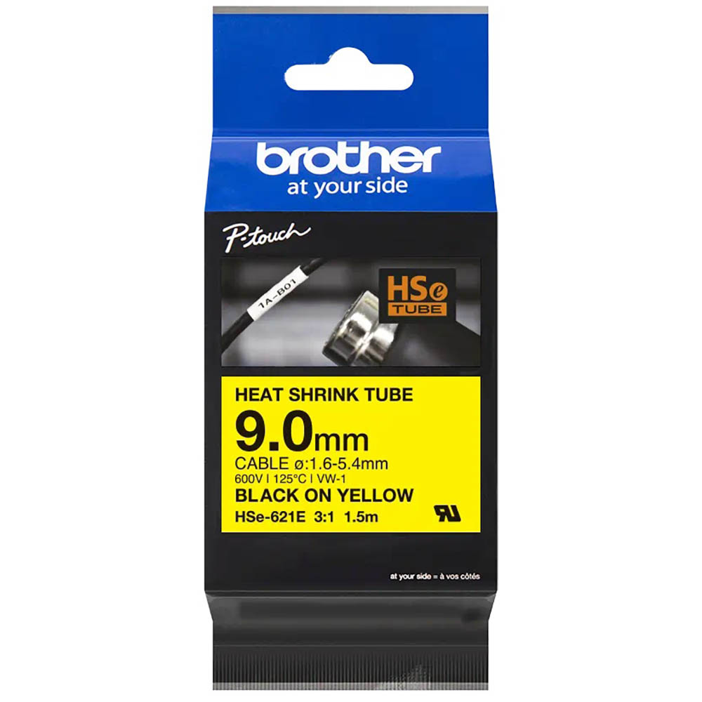 Image for BROTHER HSE-621E HEAT SHRINK TUBE LABELLING TAPE 9MM BLACK ON YELLOW from Surry Office National