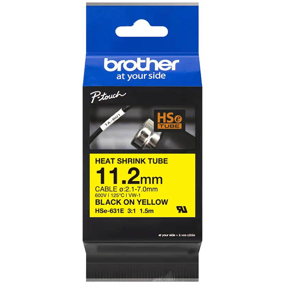 Image for BROTHER HSE-631E HEAT SHRINK TUBE LABELLING TAPE 11.2MM BLACK ON YELLOW from Surry Office National