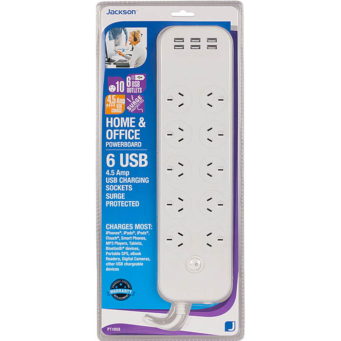 Image for JACKSON POWERBOARD SURGE PROTECTED 10 OUTLET SWITCHED 6 USB OUTLETS 1M WHITE from SBA Office National - Darwin
