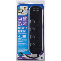 jackson powerboard surge protected 4 outlet switched 4 usb outlets 1m black