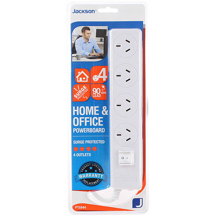 Image for JACKSON POWERBOARD SURGE PROTECTED 4 OUTLET SWITCHED 900MM WHITE from PaperChase Office National