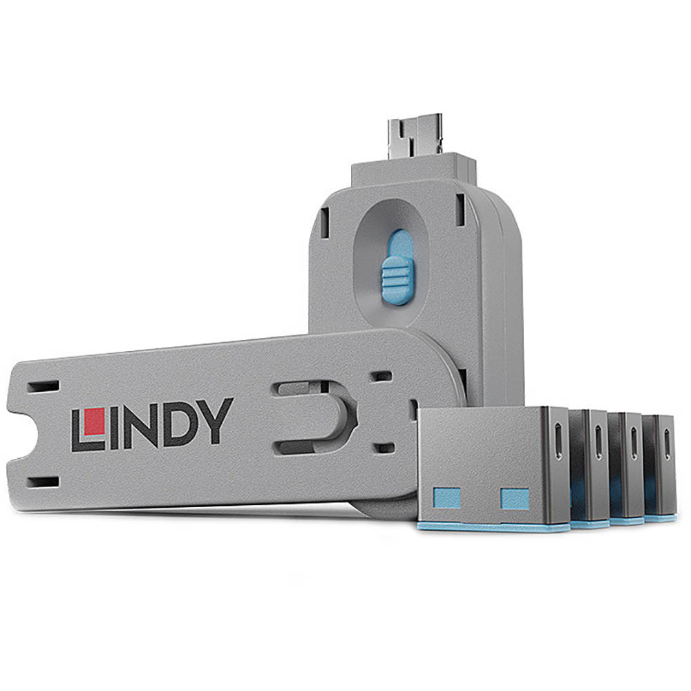 Image for LINDY 40452 USB PORT BLOCKER WITH KEY PACK 4 BLUE from PaperChase Office National