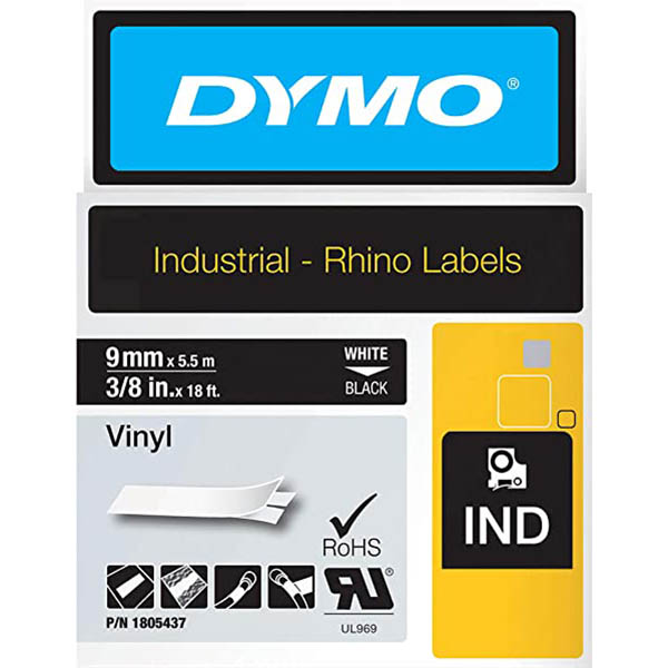 Image for DYMO 1805437 RHINO INDUSTRIAL TAPE VINYL 9MM WHITE ON BLACK from PaperChase Office National