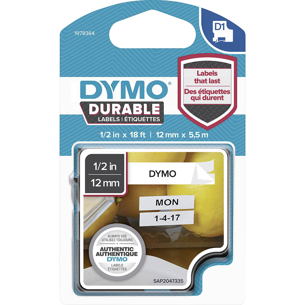 Image for DYMO 1978364 D1 DURABLE LABEL CASSETTE TAPE 12MM X 5.5M BLACK ON WHITE from Surry Office National