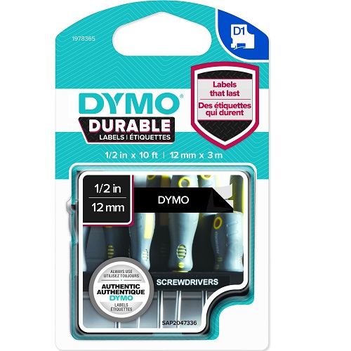 Image for DYMO 1978365 D1 DURABLE LABEL CASSETTE TAPE 12MM X 3M WHITE ON BLACK from Surry Office National
