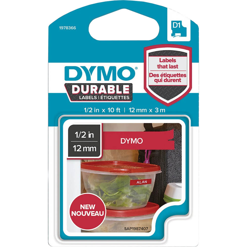 Image for DYMO 1978366 D1 DURABLE LABEL CASSETTE TAPE 12MM X 3M WHITE ON RED from OFFICE NATIONAL CANNING VALE