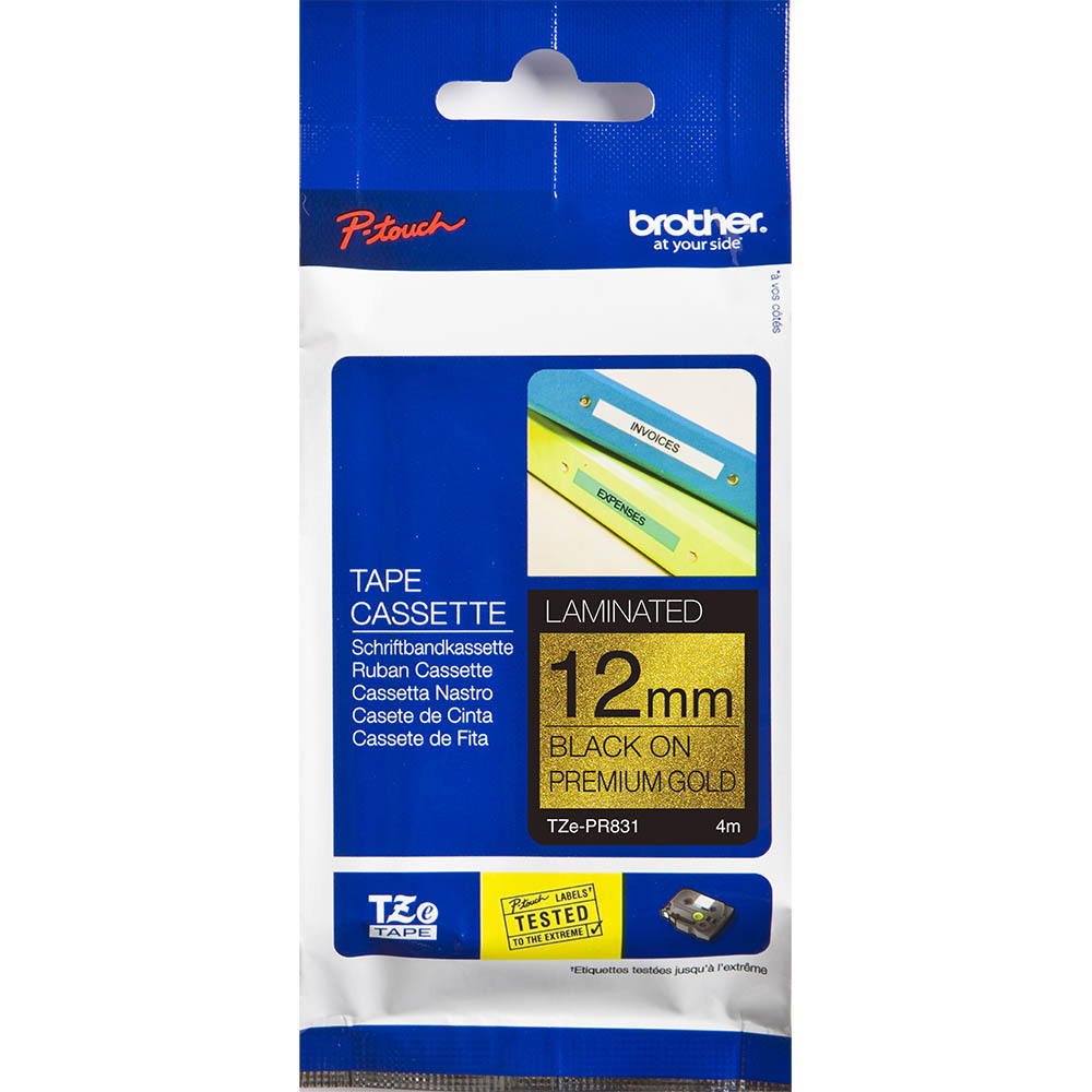 Image for BROTHER TZE-PR831 LAMINATED LABELLING TAPE 12MM X 4M BLACK ON PREMIUM GLITTER GOLD from OFFICE NATIONAL CANNING VALE