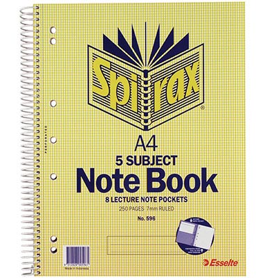 Image for SPIRAX 596 5-SUBJECT NOTEBOOK 7MM RULED SPIRAL BOUND 250 PAGE A4 from PaperChase Office National