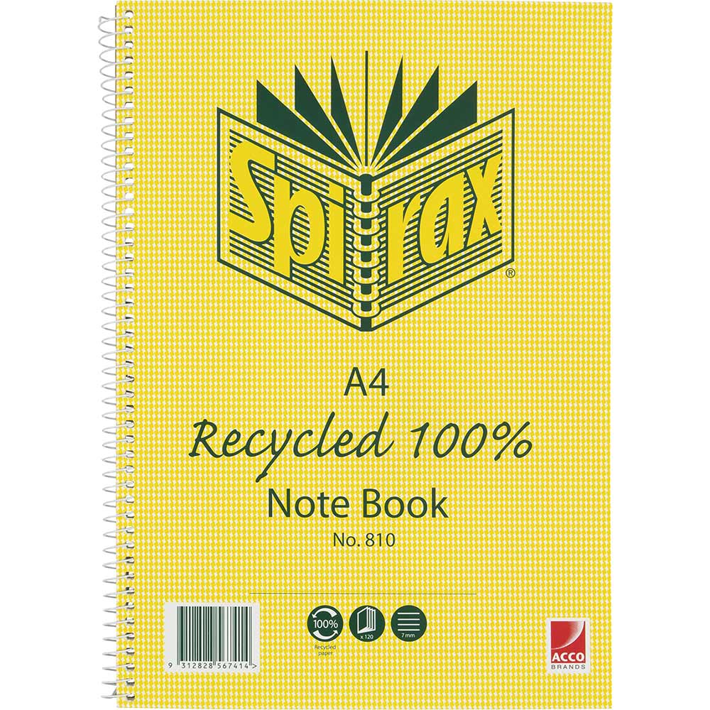 Image for SPIRAX 810 NOTEBOOK 7MM RULED 100% RECYCLED CARDBOARD COVER SPIRAL BOUND A4 120 PAGE from Office National