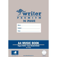 writer premium music book 8mm ruled and staved 70gsm 96 page a4 bell