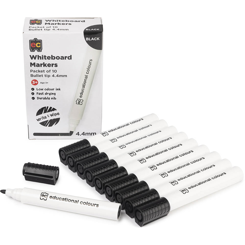 Image for EDUCATIONAL COLOURS WHITEBOARD MARKER BULLET TIP 4.4MM BLACK PACK 10 from Office National Perth CBD