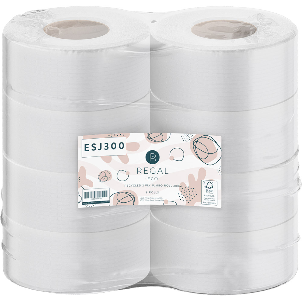 Image for REGAL ECO RECYCLED JUMBO TOILET ROLL 2-PLY 300M WHITE CARTON 8 from Office National