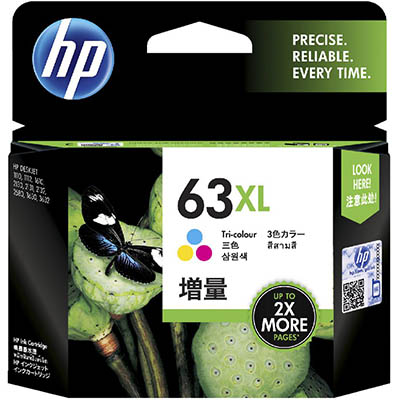 Image for HP F6U63AA 63XL INK CARTRIDGE HIGH YIELD TRI COLOUR PACK CYAN/MAGENTA/YELLOW from Office National Barossa