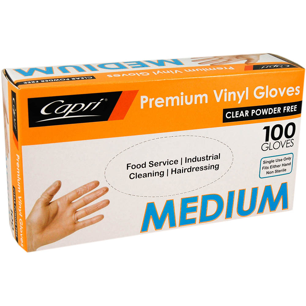 Image for CAPRI VINYL GLOVE POWDER FREE CLEAR MEDIUM PACK 100 from OFFICE NATIONAL CANNING VALE