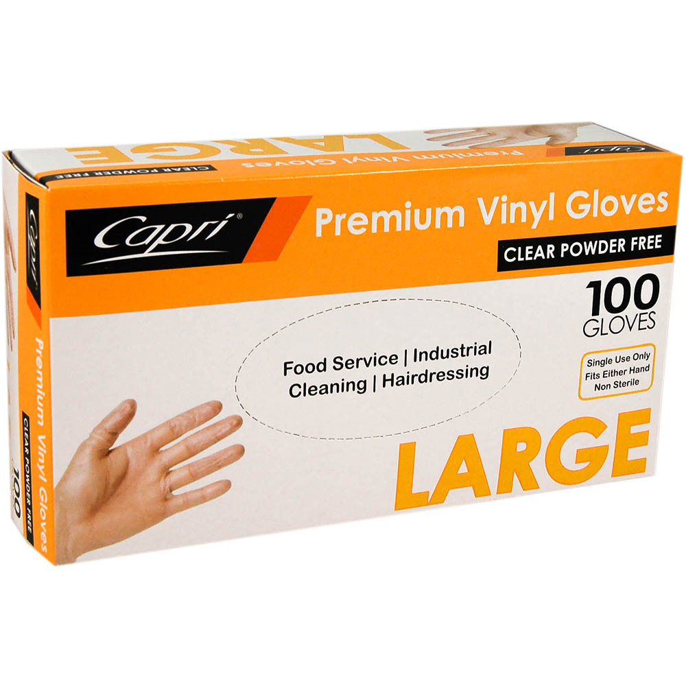 Image for CAPRI VINYL GLOVE POWDER FREE CLEAR LARGE PACK 100 from Office National Capalaba