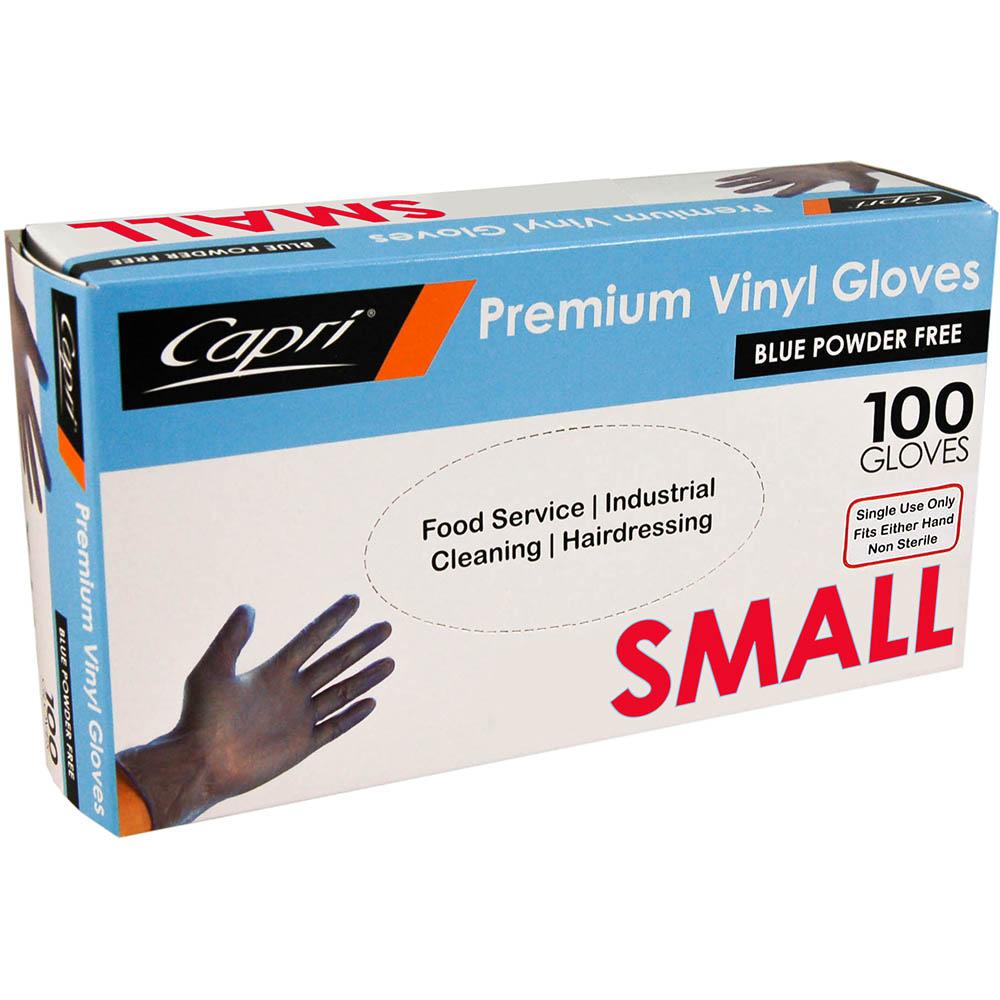 Image for CAPRI VINYL GLOVE POWDER FREE BLUE SMALL PACK 100 from Office National Capalaba